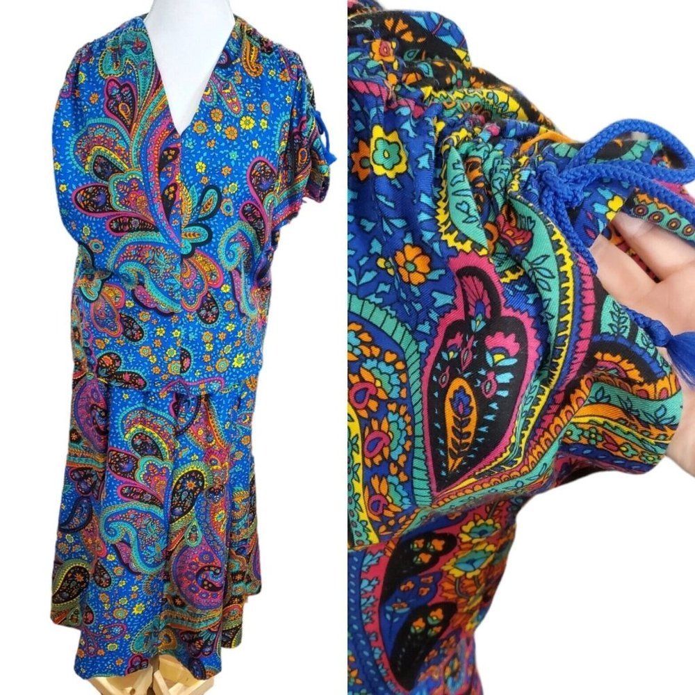 Vintage 70s Colorful Paisley‎ Midi Skirt Set Sz Large Blue Short Sleeve Retro